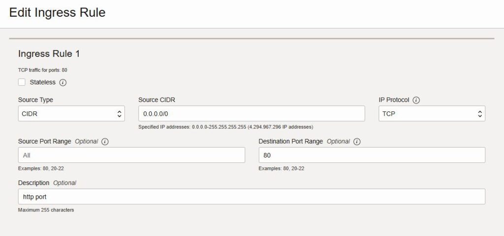 oracle cloud vcn ingress edit page